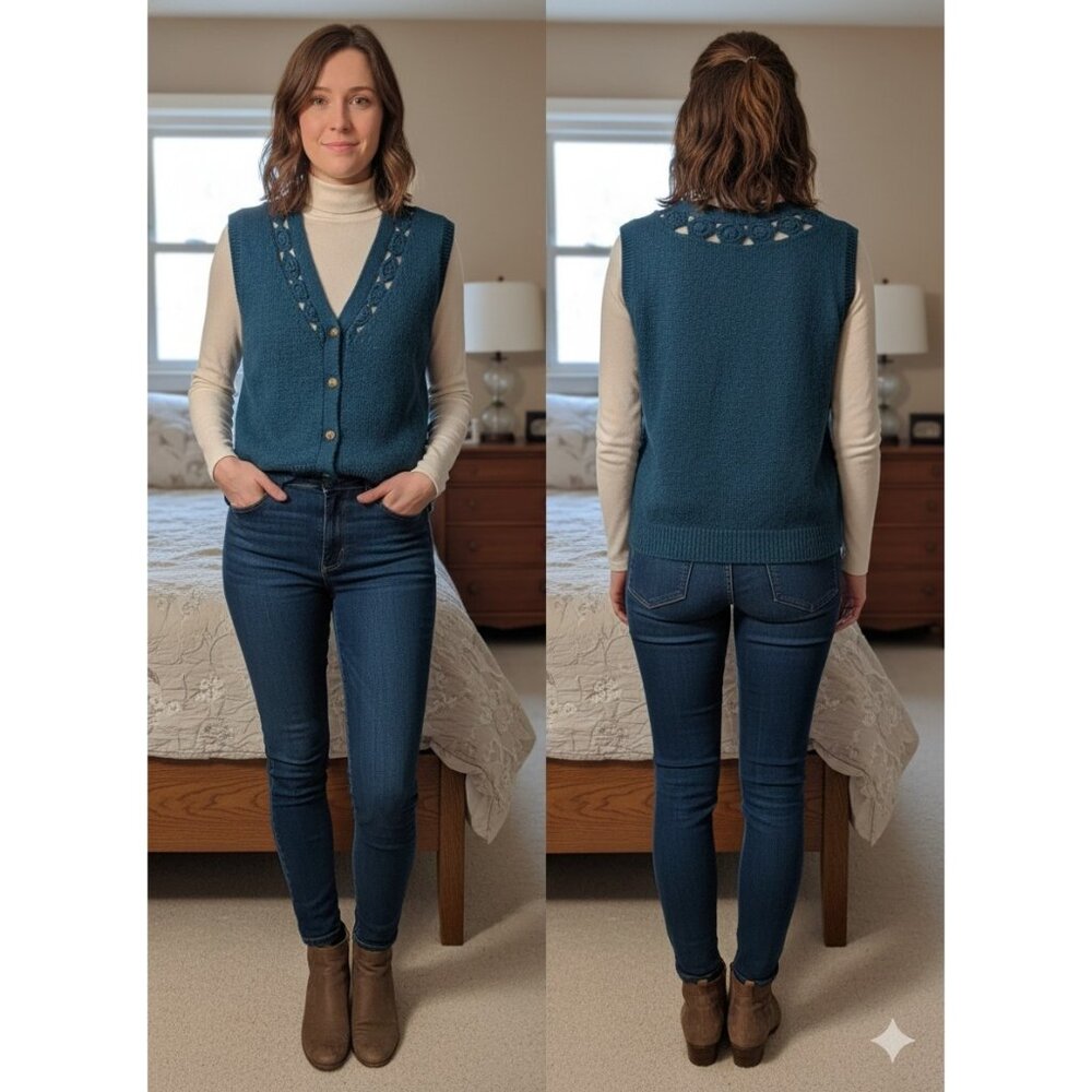 Vintage Russ Petites Mohair Wool Sweater Vest Teal M Crochet Trim V-Neck